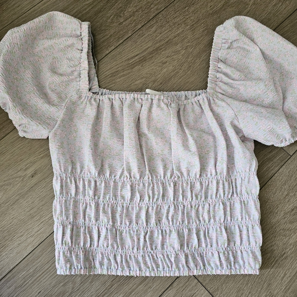 Pink Smocked Puff-Sleeve Crop Top with Square Neckline